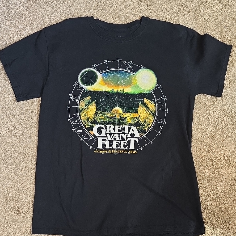 Greta Van Fleet Graphic Band Tee in Black with Yellow-Green Artwork